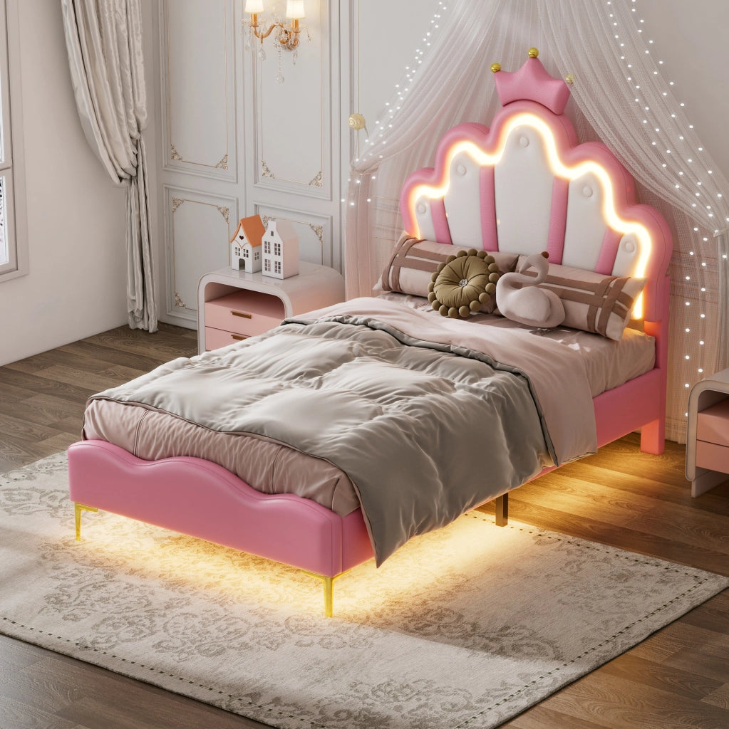 Letto singolo 90x200 cm con luci LED; testiera a corona; rosa