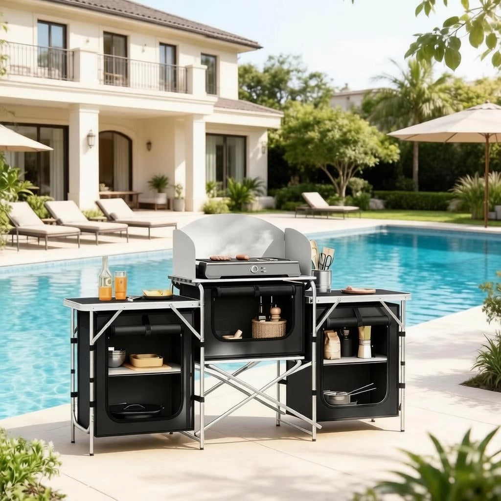 CUCINA DA CAMPEGGIO Pieghevole 174x48x112 cm Nero in Alluminio e MDF