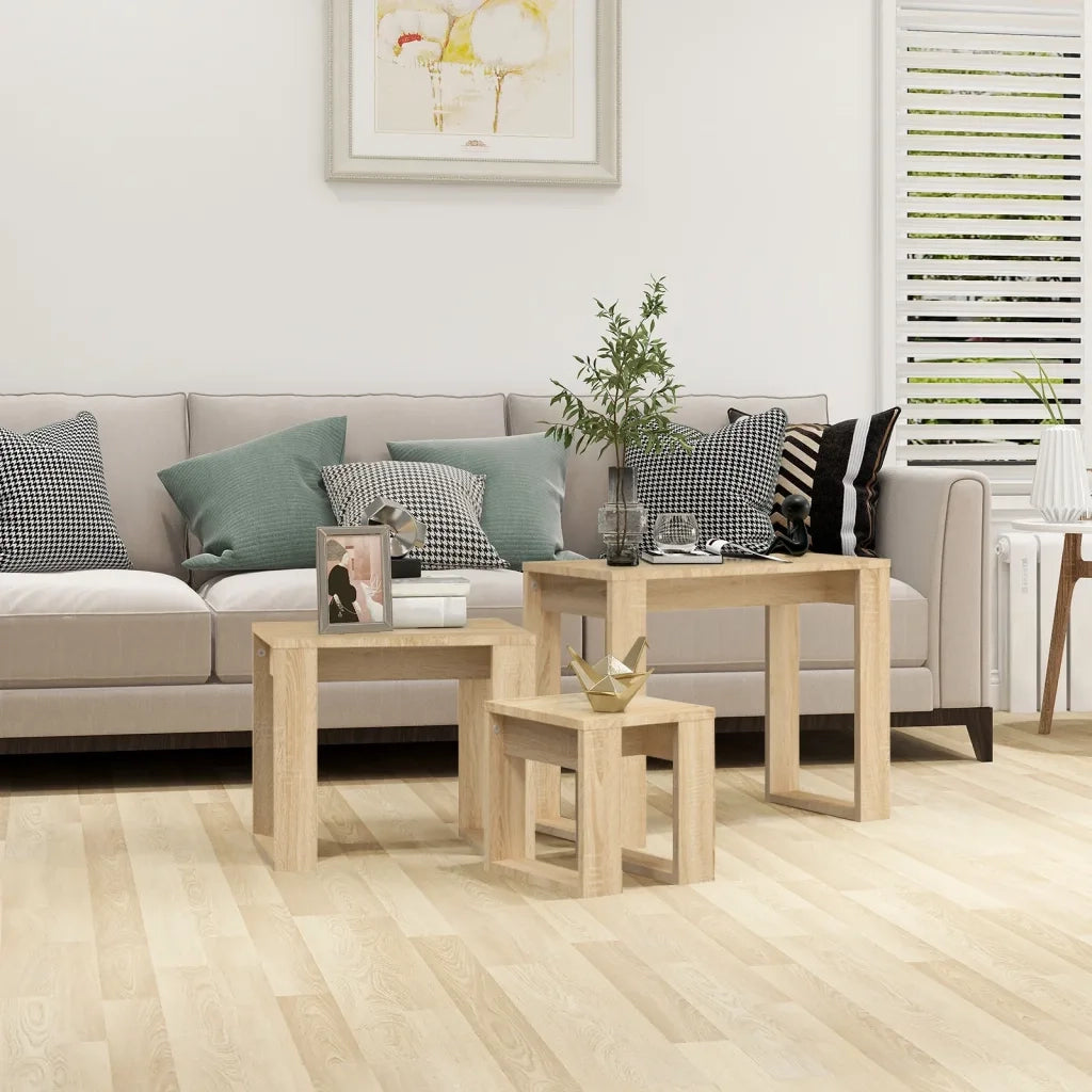 Tavolini Impilabili 3 pz | Tavolo laterale Rovere Sonoma in Legno Multistrato