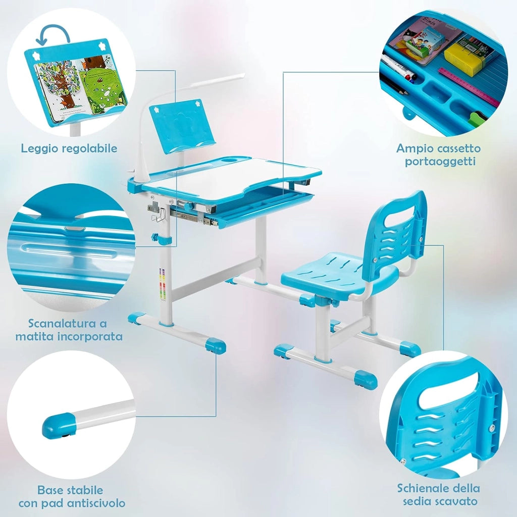 Set Scrivania e Sedia per Bambini, Tavolo Regolabile in Altezza con Piano Inclinabile 45° e Luce LED 3 Modalità, Tavolo e Sedia Ergonomica in Materiali Sicuri per 4+ Anni (Blu)