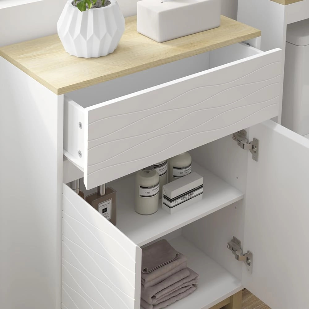 Set di mobili da bagno Livia, Bianco/quercia, 60 cm, composto da armadietto a specchio, base lavabo, 2x colonne medie, colonna alta e mobile WC