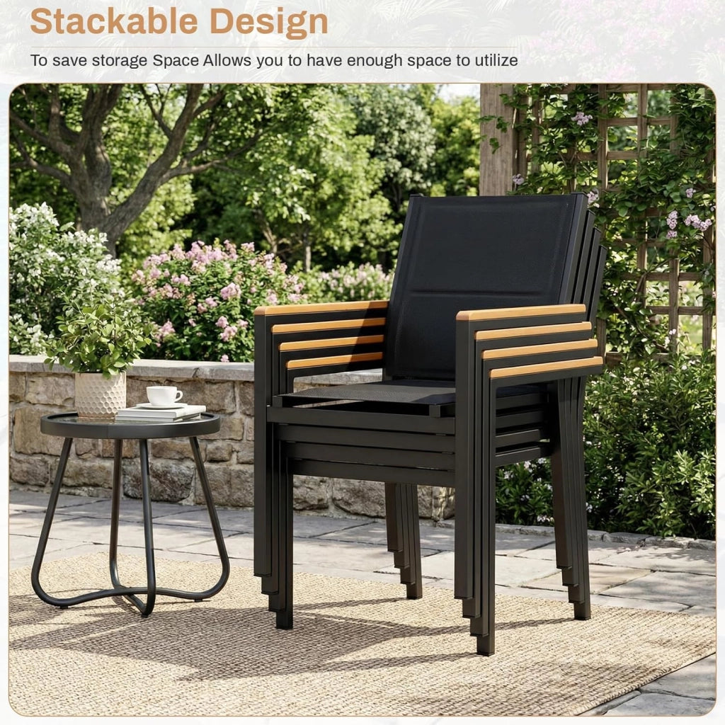 Set di 2 sedie da giardino in alluminio, con schienale e seduta trapuntati, impilabili, per sala da pranzo, in WPC, per terrazza, balcone, terrazza, piscina, ristoranti, colore nero, 2 pezzi