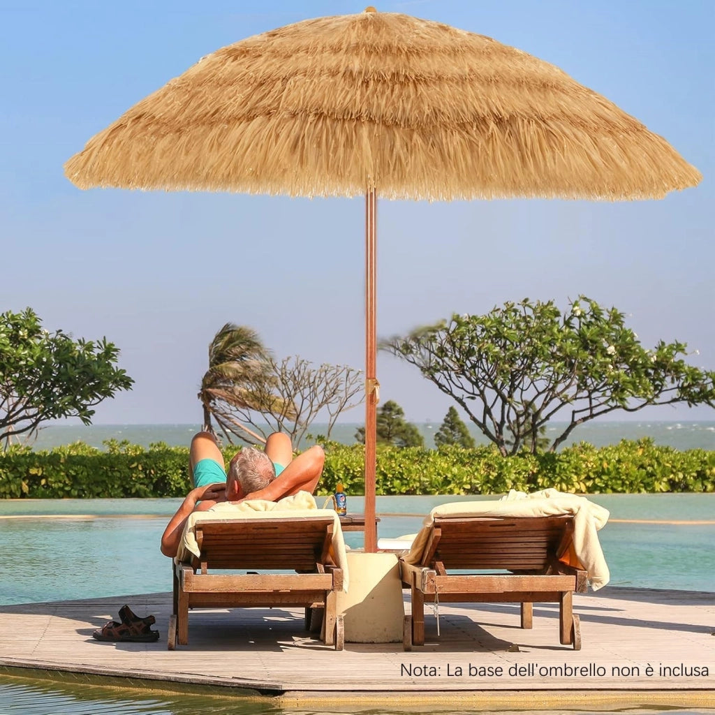 Ombrellone di Paglia 200 cm (Diametro Interno 175 cm), Ombrellone da Spiaggia Pieghevole, Parasole Hawaiano con Inclinabile in Metallo, Spiaggia e Balcone (Naturale)
