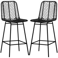 Set di 2 Sgabelli da Bar, Design Bohémien, Altezza 66 cm con Poggiapiedi, in Metallo e Rattan PE, Nero