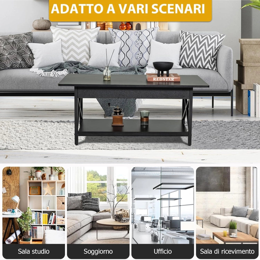 Tavolino da Salotto 2 Livelli, Tavolino da Caffè Industriale con Struttura in Metallo a Forma di X, Tavolino Rettangolare per Soggiorno, Studio e Ufficio, 60 x 110 x 48 cm (Nero)