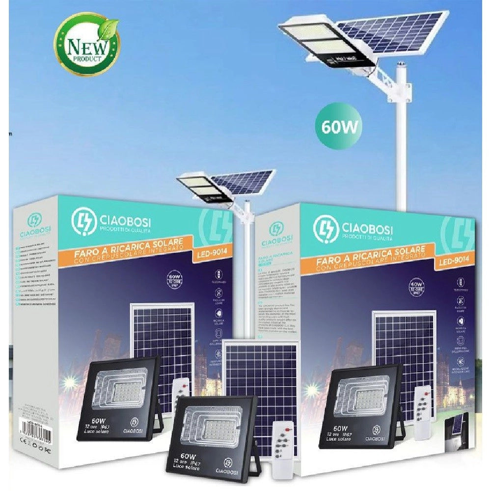 Trade Shop - Faro Faretto Led Pannello Solare Fotovoltaico 60w Con Crepuscolare Ip67 Led-9014 -