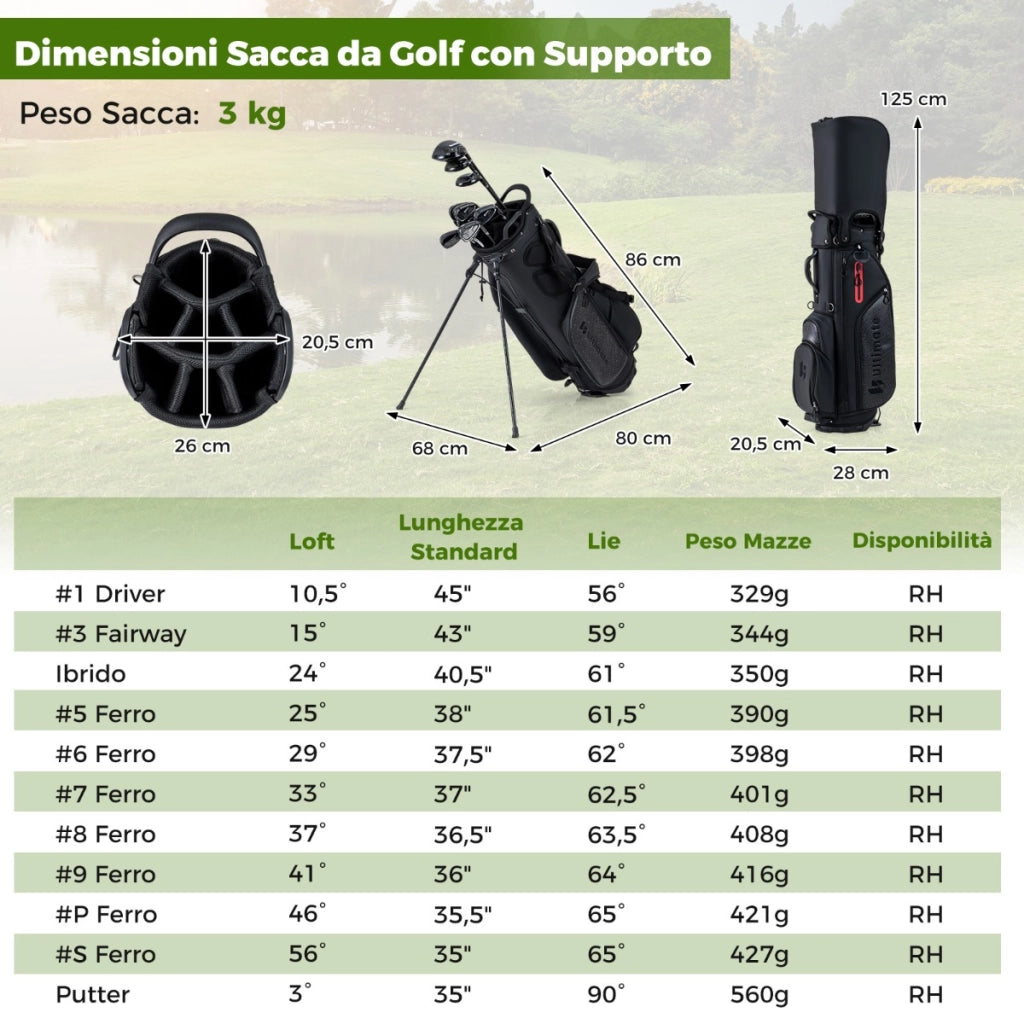 Set completo di mazze golf da uomo con borsa da golf portatile con supporto-Completo putter e copertura antipioggia