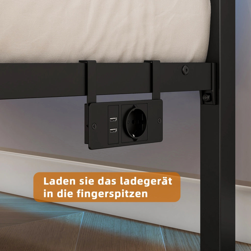 Letto in metallo con USB e LED 90x200 cm MDF marrone e metallo