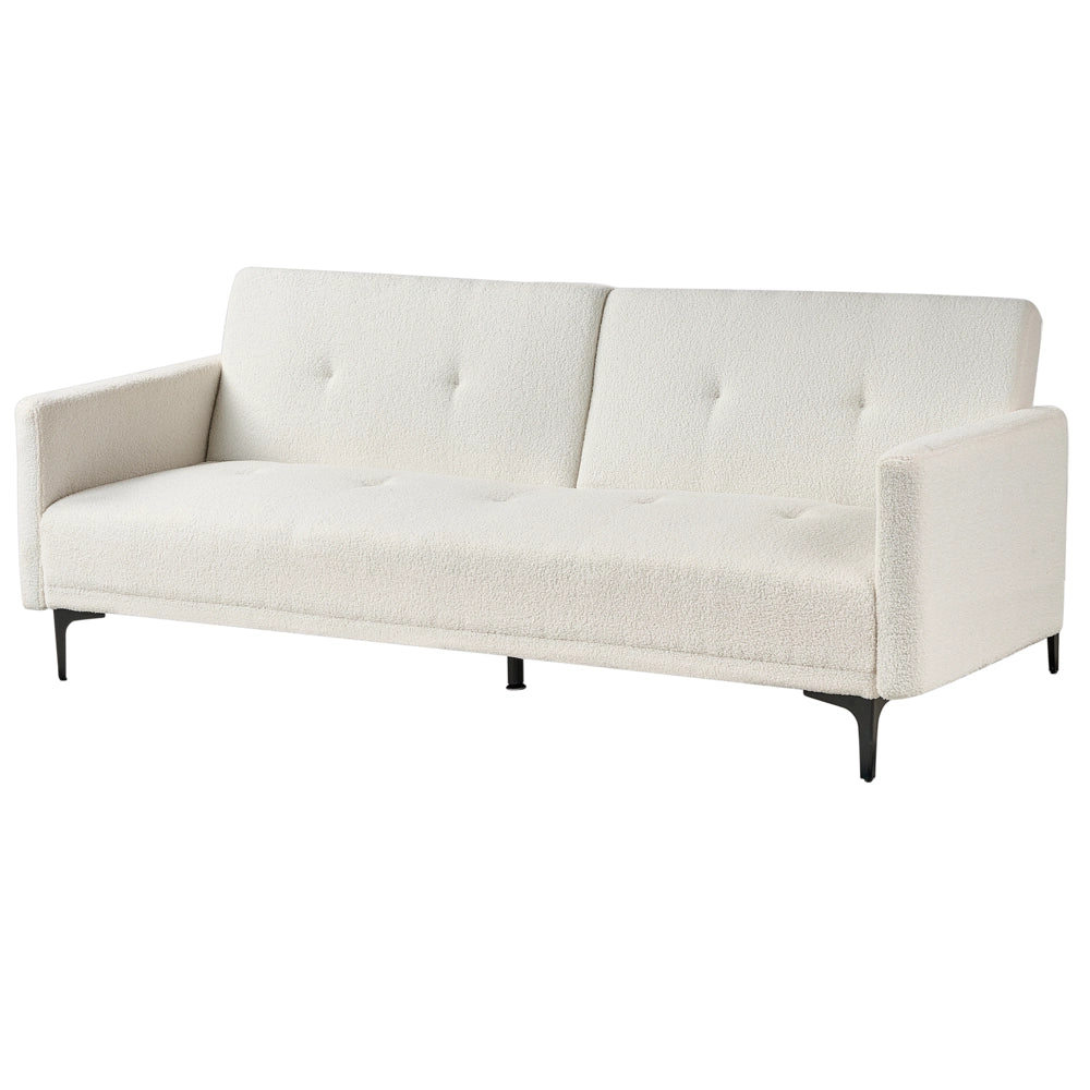 Divano letto moderno in tessuto bouclè bianco sporco a 3 posti con schienale con bottoni gambe nero design moderno scandinavo