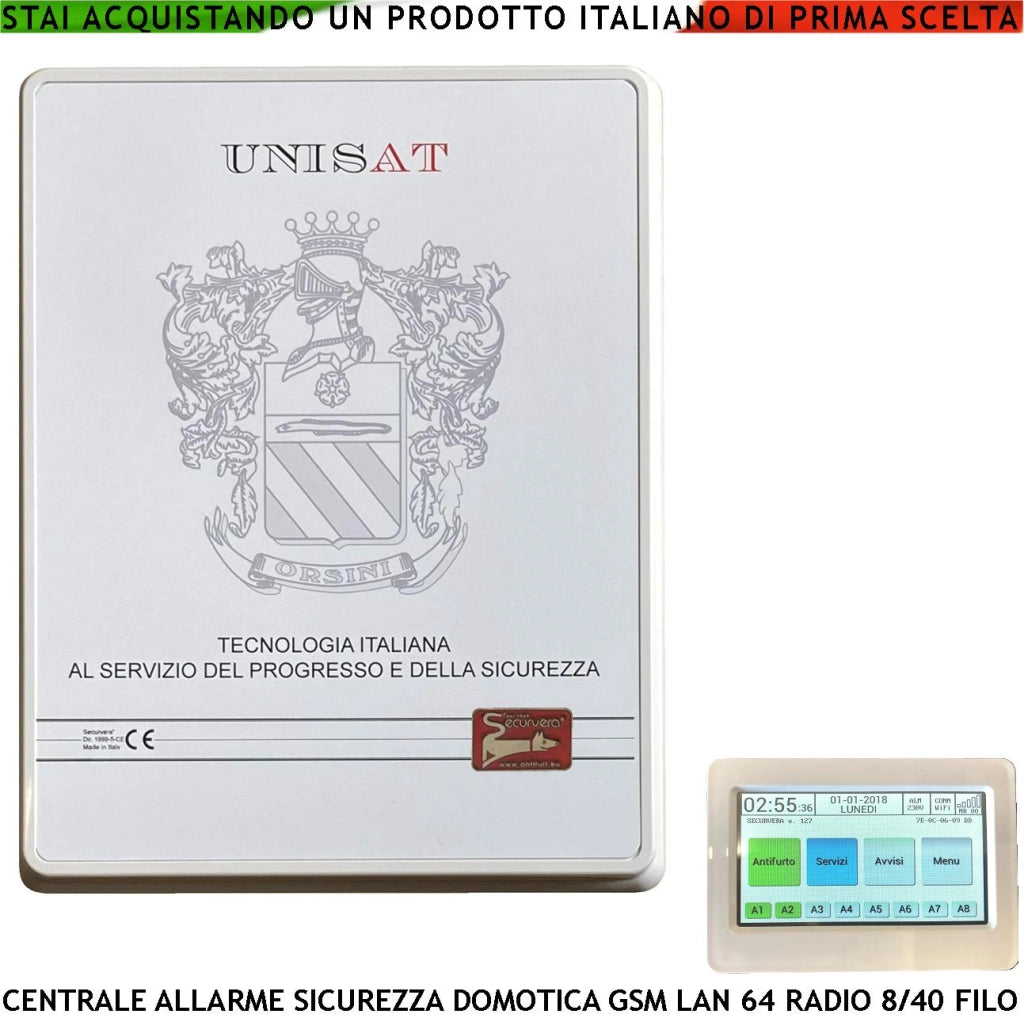 Centrale Unisat Impianto Antifurto 64 Zone Radio 8 Filo Optional 40 Collegamenti e Funzioni Programmabili 8 Aree 50 Utenti Gestita da APP RFID Radiocomandi 868 MHz HiFi 5 Relè Domotica GSM/GPRS e LAN