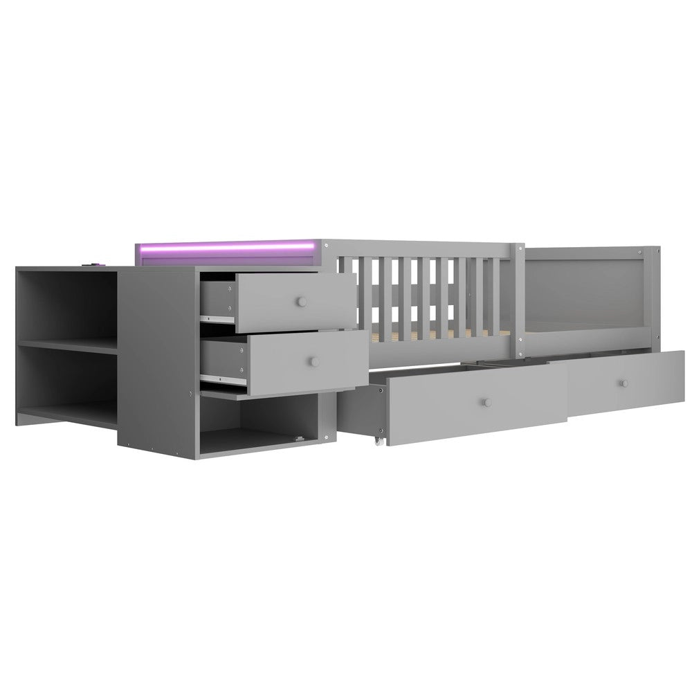Letto per bambini con cassetti e luci LED ¨C Minimal ¨C Grigio, 90x200cm