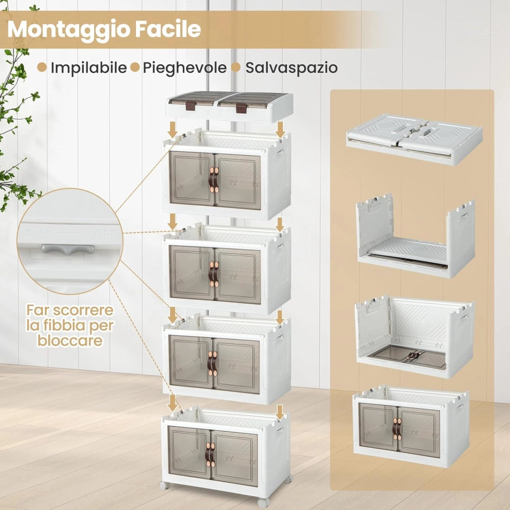 Scatole di Stoccaggio Pieghevoli con Coperchio, Set da 3/4 Contenitori con Ruote, Scatole Pieghevoli Organizer per Armadio con Porte Magnetiche ad Apertura Frontale, Multiuso(4 Livelli)