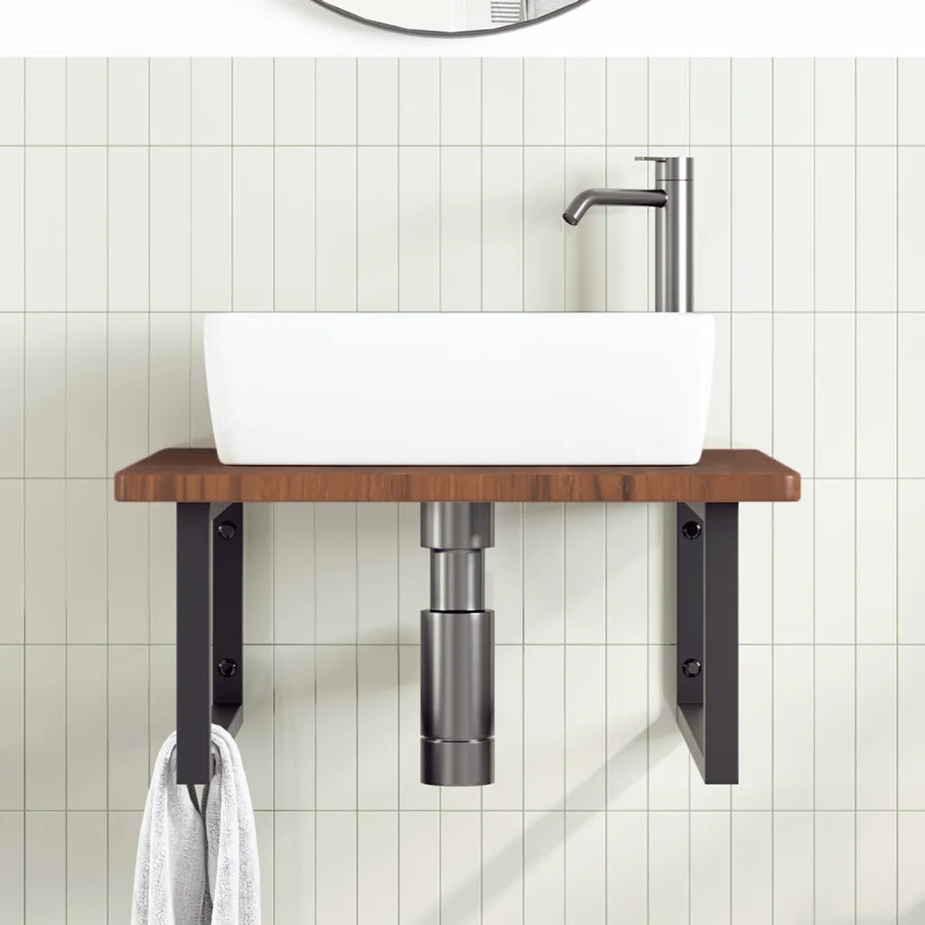 Ripiano a Parete per Lavabo-Mensole a Muro in Acciaio e Massello di Rovere 458225