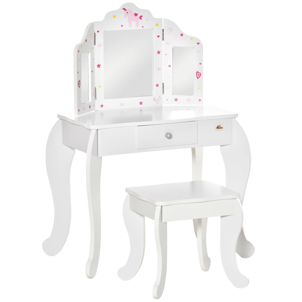 EasyComfort Toeletta per Bambini con Sgabello, Tavolo Trucco con Triplo Specchio e Cassetto, 63x40x85.5cm, Bianco