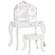 EasyComfort Toeletta per Bambini con Sgabello, Tavolo Trucco con Triplo Specchio e Cassetto, 63x40x85.5cm, Bianco