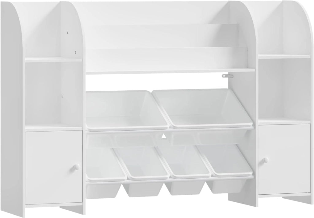 Libreria Montessoriana per Bambini, Scaffale con 2 Armadietti e 6 Contenitori Rimovibili in Plastica, per Cameretta e Soggiorno, in Legno, 135,8x29,8x90 cm, Bianco
