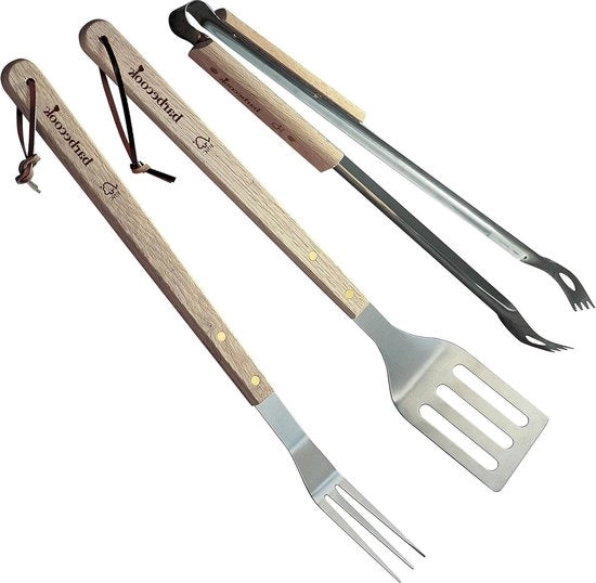 Set di barbecue con gancio, spatola e forchetta di carne in acciaio inox e legno set di barbecue