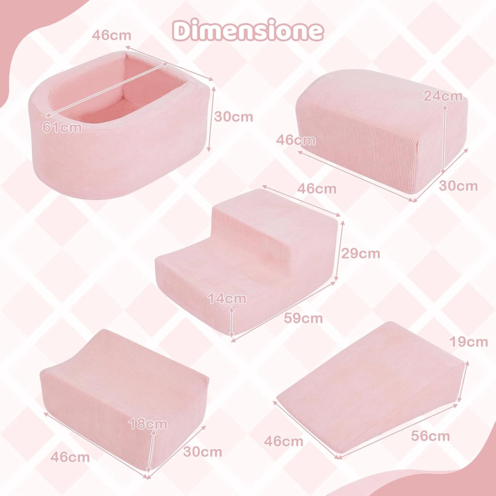 Blocchi da Arrampicata in Schiuma per Bambini, con Piscina di Palline, Set di 5 Pezzi per Arrampicata e Strisciamento, Set da Gioco da Interno per Bambini 3 Anni+ (Rosa,Velluto a coste)