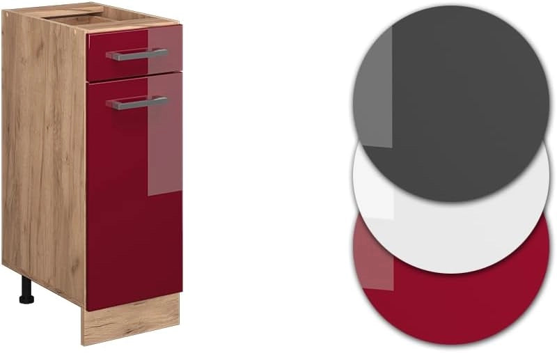 Mobiletto base per cucina R-Line, Rosso lucido, 30 cm senza piano di lavoro, per la libera combinazione all'interno di sistemi cucina modulari