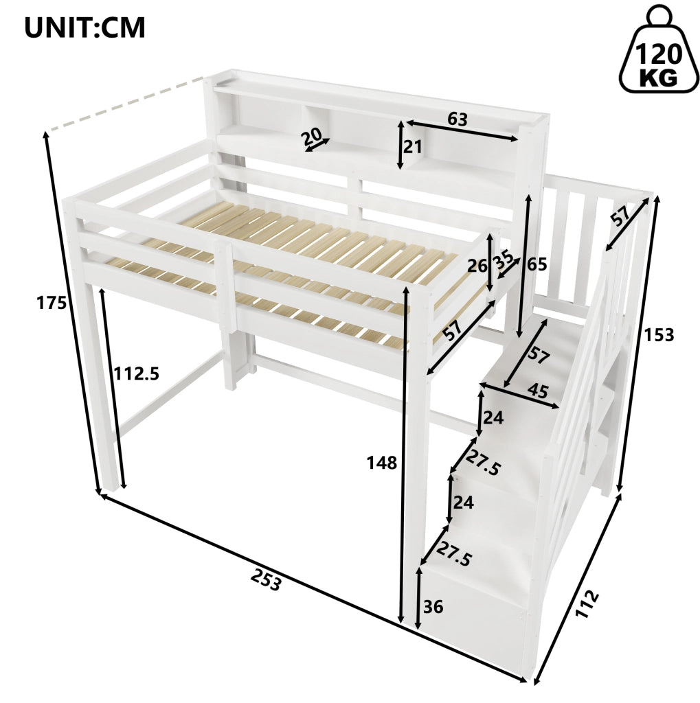 Letto a soppalco ULEVR 90x200 cm con LED, scala contenitore e vano aperto, bianco