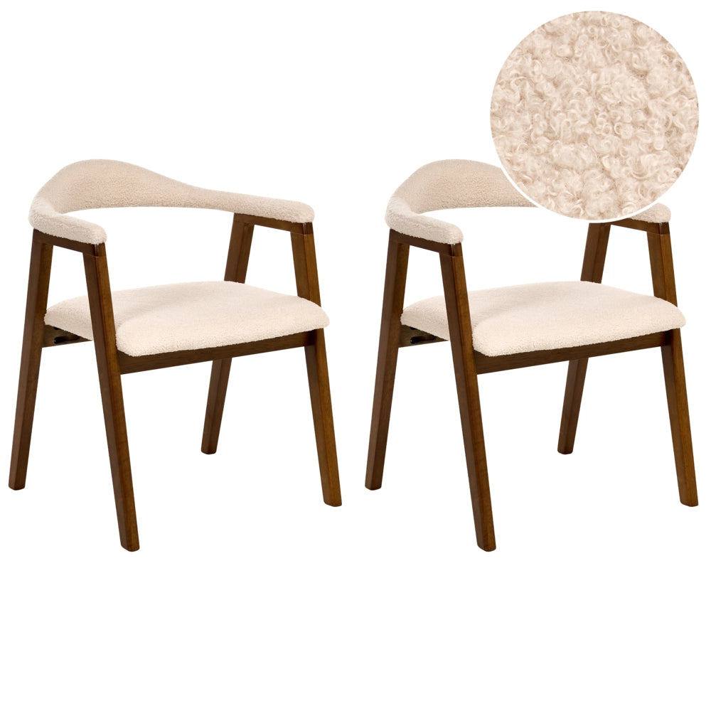 Set di 2 sedie da pranzo Marrone scuro Seduta imbottita Schienale Boucle Poliestere Gomma Struttura in legno Stile retrò Sala da pranzo