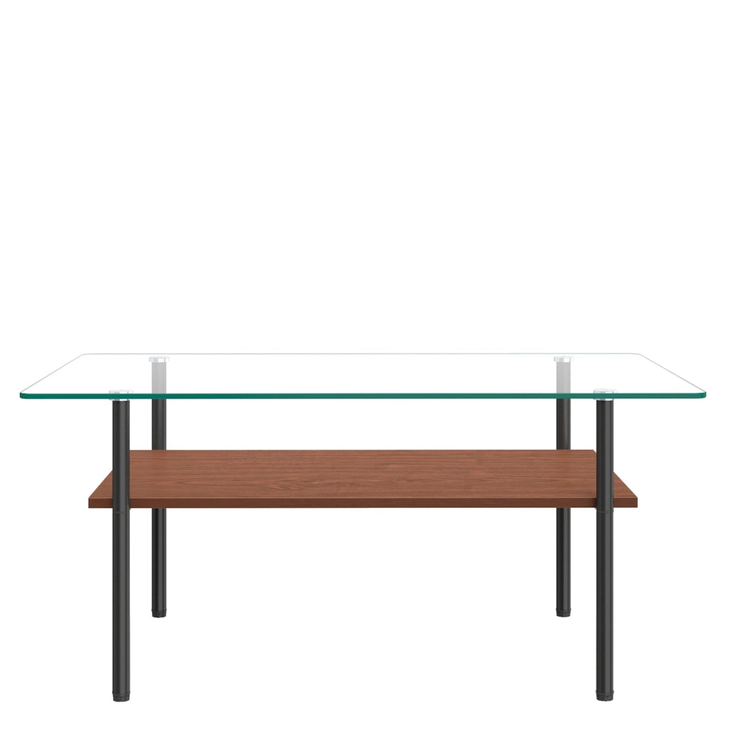 Tavolino da salotto nero e marrone in vetro; MDF e metallo con ripiano