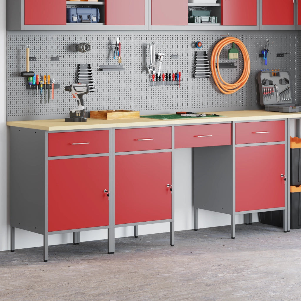 Set da Tavolo e Armadietto da Lavoro in 4 Pezzi Rosso in Legno Ingegnerizzato e Acciaio