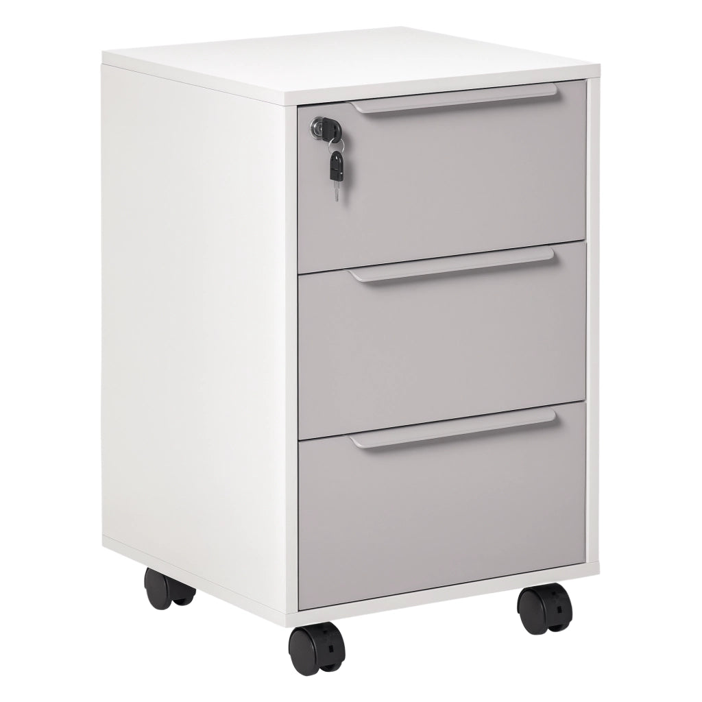 Cassettiera Portadocumenti a 4 Ruote 40x40x63,5 cm a 3 Cassetti con Chiavi di Sicurezza in MDF Bianco e Grigio