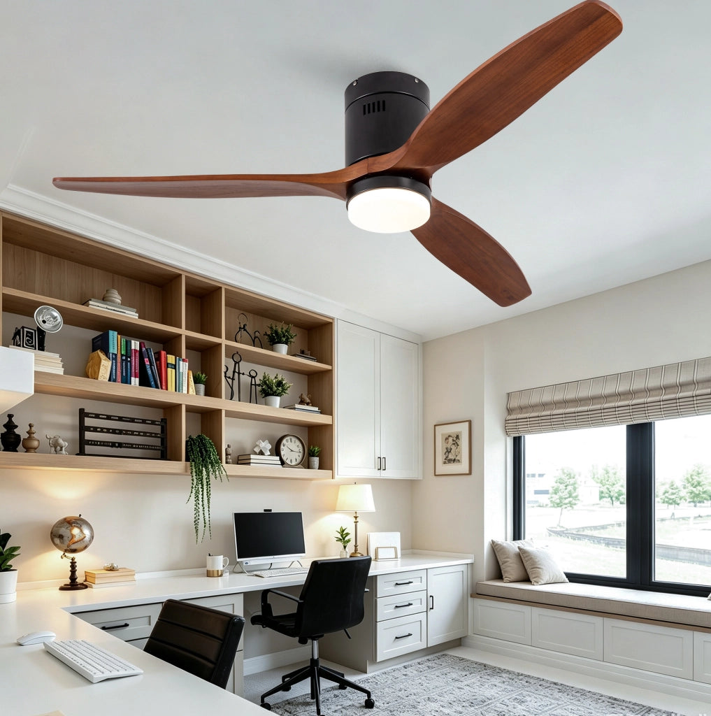 Ventilatore da soffitto 52 pollici a 3 pale con luce LED integrata; nero e noce scuro