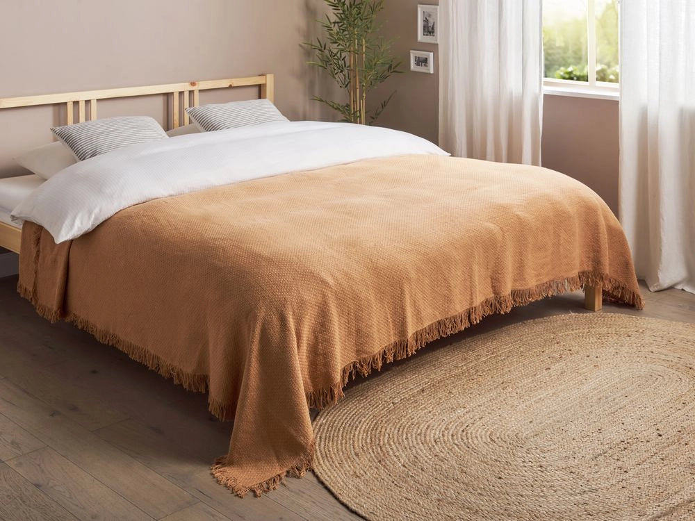 Copriletto marrone in tessuto di cotone 220 x 240 cm con frange Coperta decorativa Biancheria da letto design classico Camera da letto