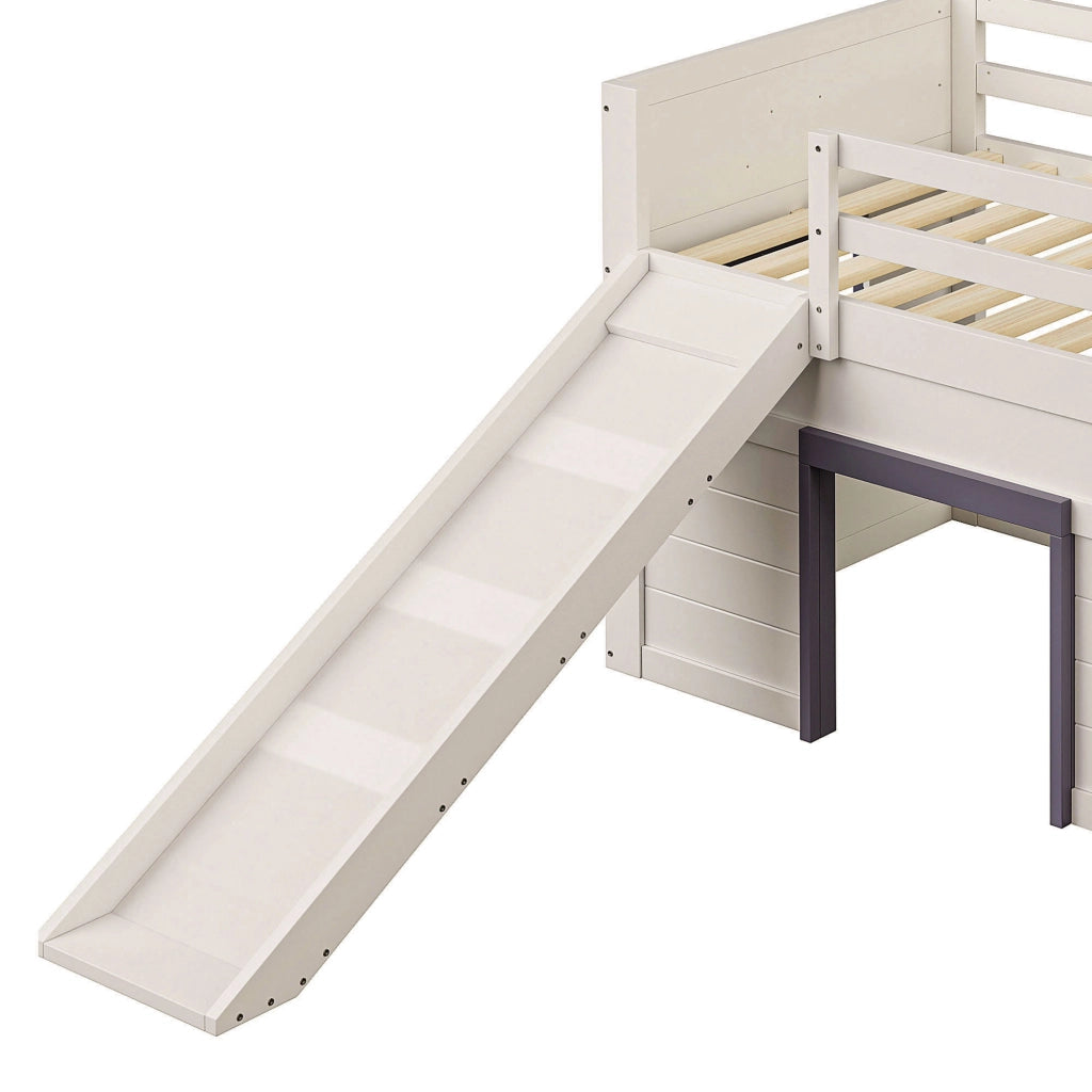 OKWISH Letto a soppalco basso 90×200 cm, Letto Singolo con Scivolo, 3 Cassetti e 2 Ante, senza Materasso, in Legno, Crema
