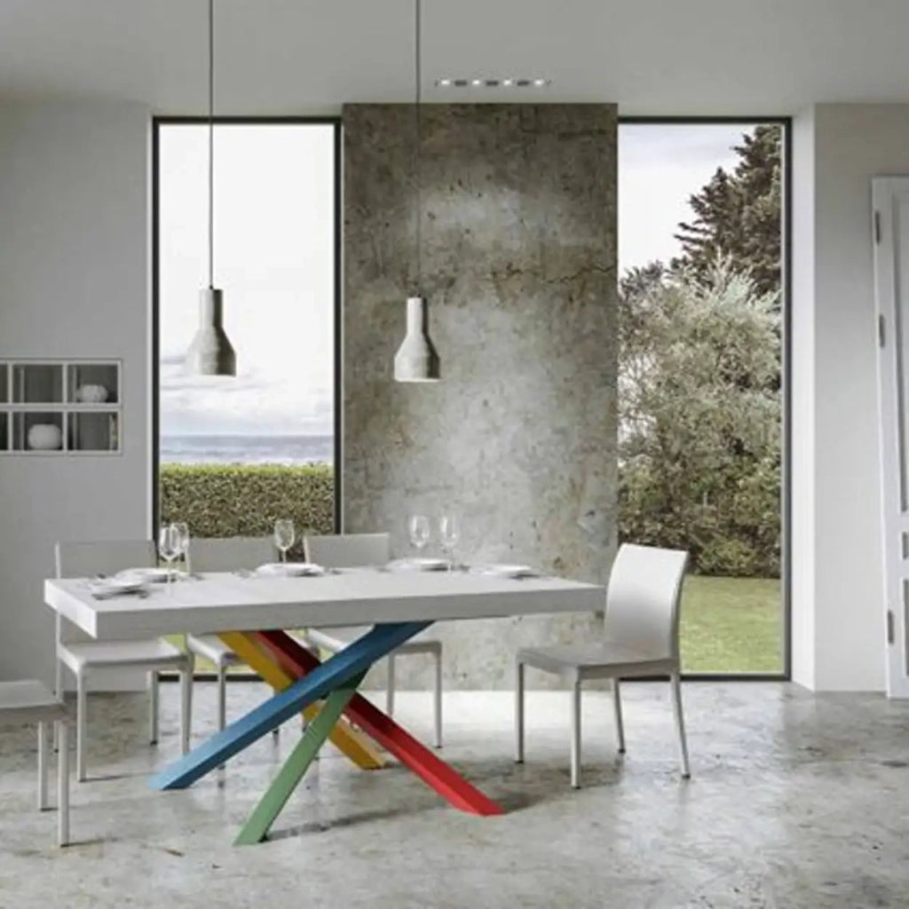 Tavolo allungabile 120/380x90 cm Volantis Premium colore bianco frassino gambe multicolore 4/B