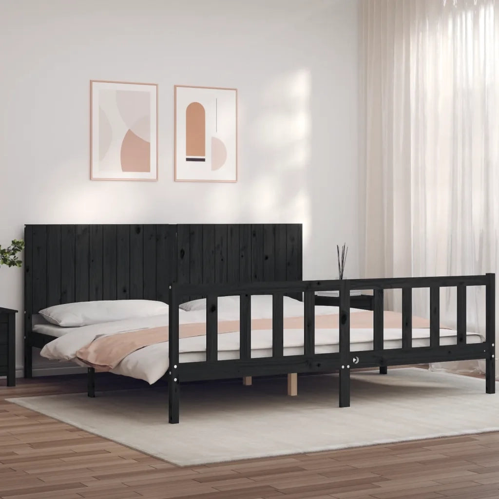 Letto matrimoniale | Letto per adulti | Giroletto con Testiera Nero 200x200 cm in Legno Massello