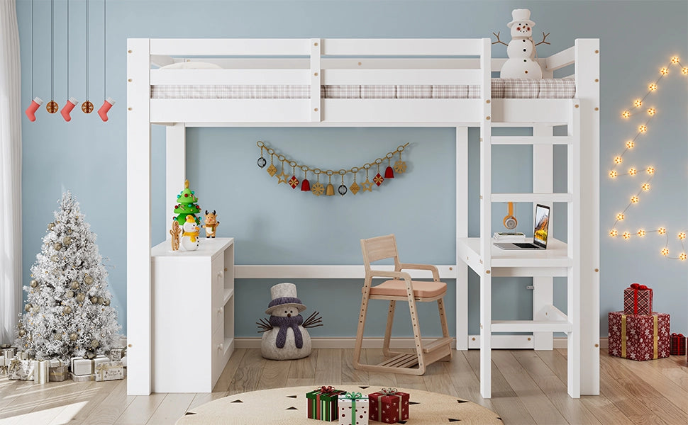 Letto a castello bianco con scrivania cassetti e scaffale in legno di pino e MDF 90x200 cm