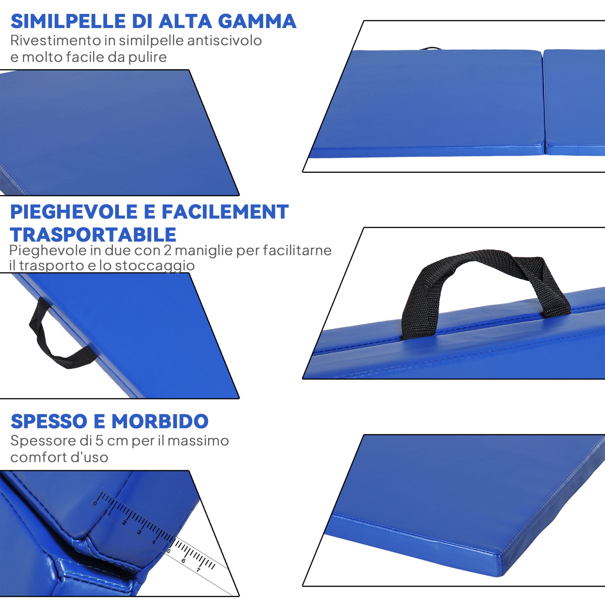 Tappetino Ginnastica Pieghevole Antiscivolo 180x60x5 cm Materassino Fitness Blu