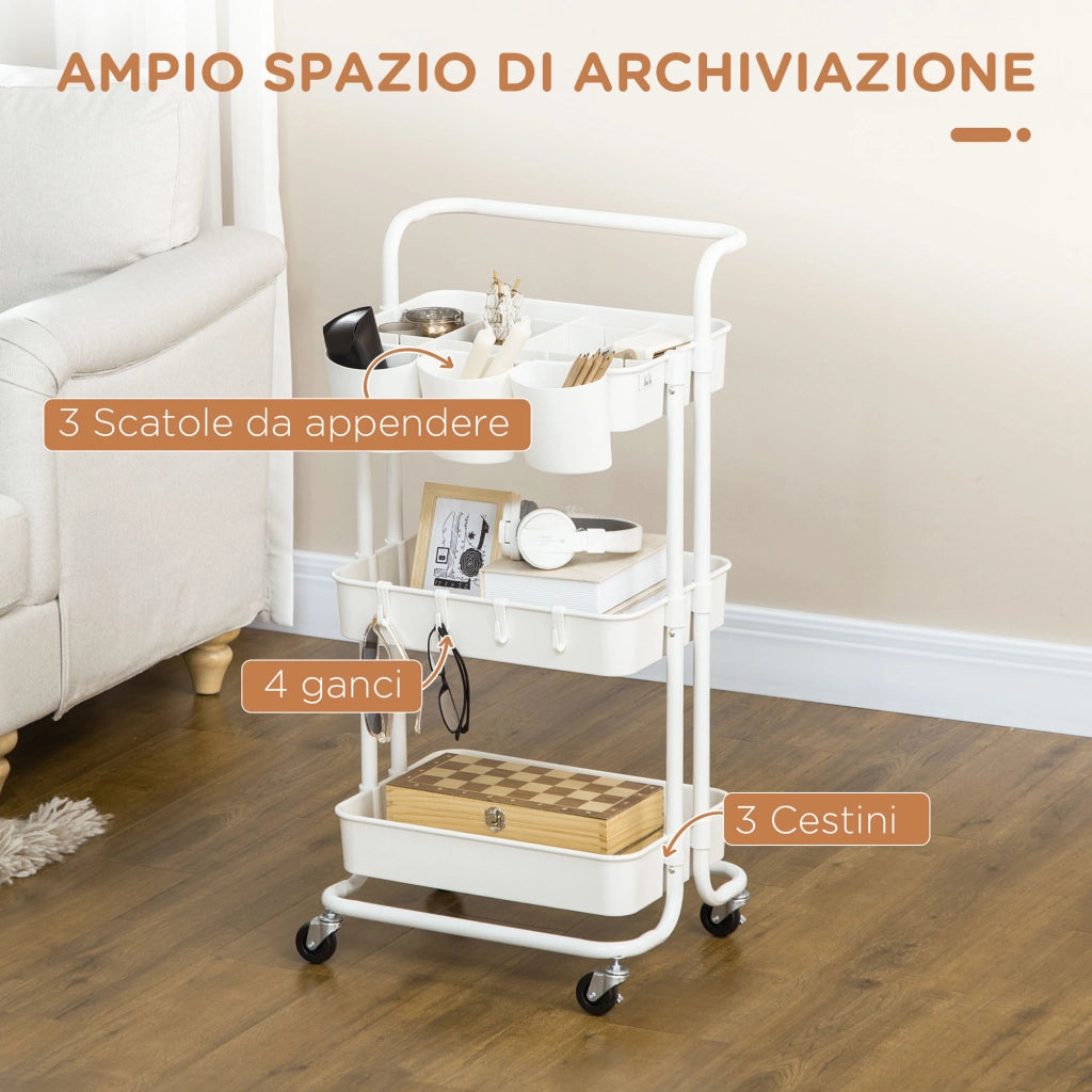 Carrello da Cucina Multiuso a 3 Livelli con Cestini e Ganci Rimovibili Ripiano con 12 Divisori in Acciaio e ABS Bianco