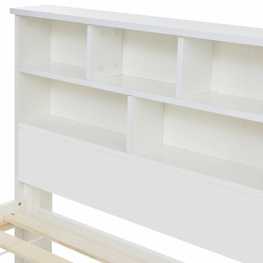 Letti contenitori 140x200 cm con testiera libreria; legno; bianco (Senza materasso)