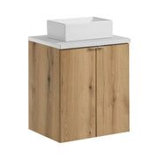 Set VANO in finitura rovere e bianco 50cm: mobili sotto lavabo con ante + piano per lavabo + lavabi da appoggio rettangolari