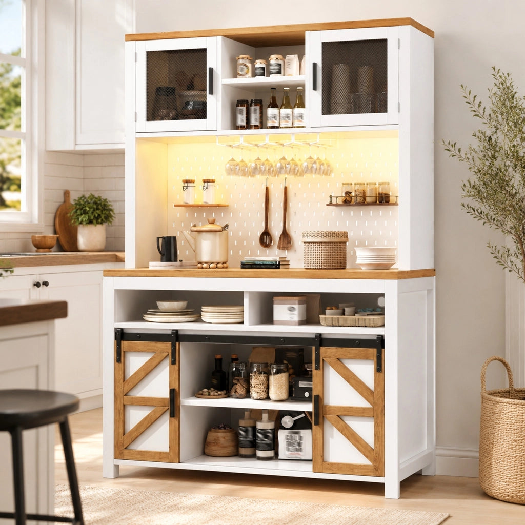 Credenza alta 120x40x174.5 cm con porte scorrevoli e a battente; illuminazione LED; MDF; bianco