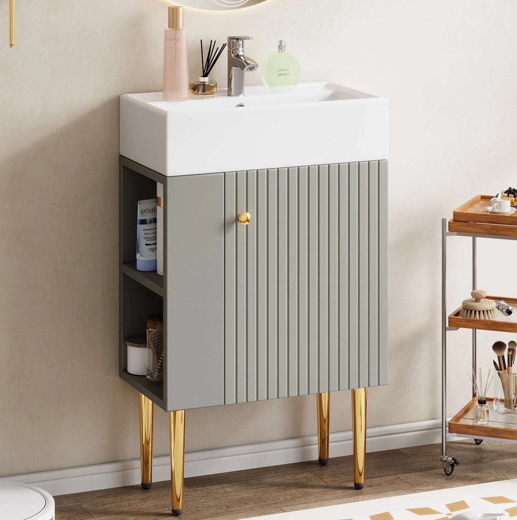Mobile lavabo e mobiletto bagno 55 cm colore grigio chiaro con lavabo in ceramica lucida