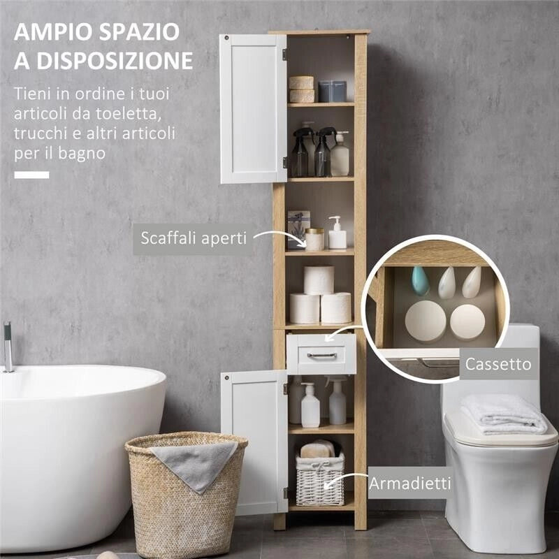 MOBILE BAGNO ALTO CON CASSETTO 2 RIPIANI APERTI REGOLABILI 37X30X184 CM BICOLOR