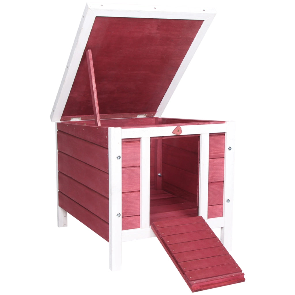 Conigliera 51x42x43 cm con Tetto Apribile in Asfalto Rampa Antiscivolo in Legno Rosso
