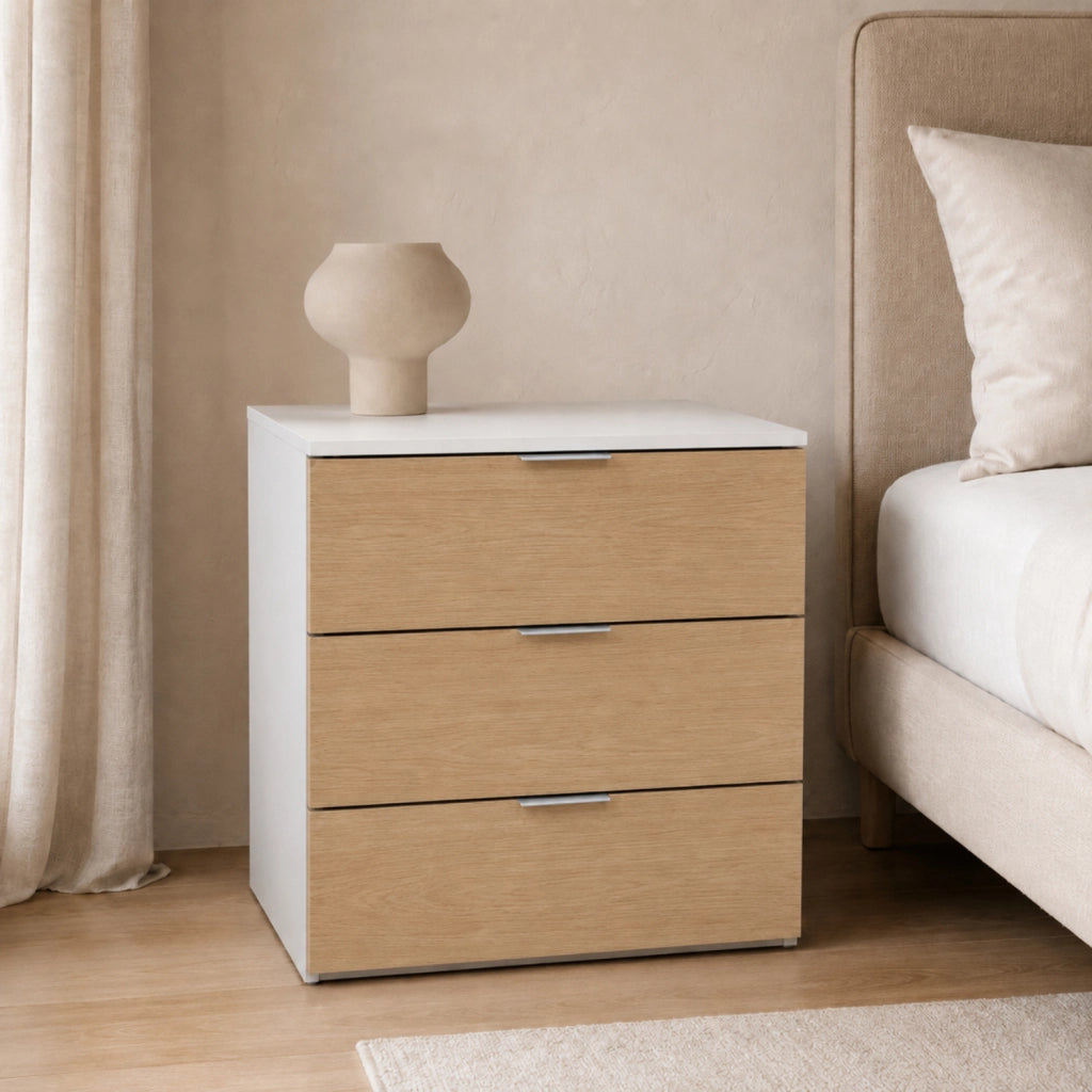 Cassettiera Design Moderno Con 3 Cassetti Comò Senza Piedi Mobile Salvaspazio Per Camera Da Letto Studio E Lavanderia 77 X 38 X 80 Cm Bianco E Rovere