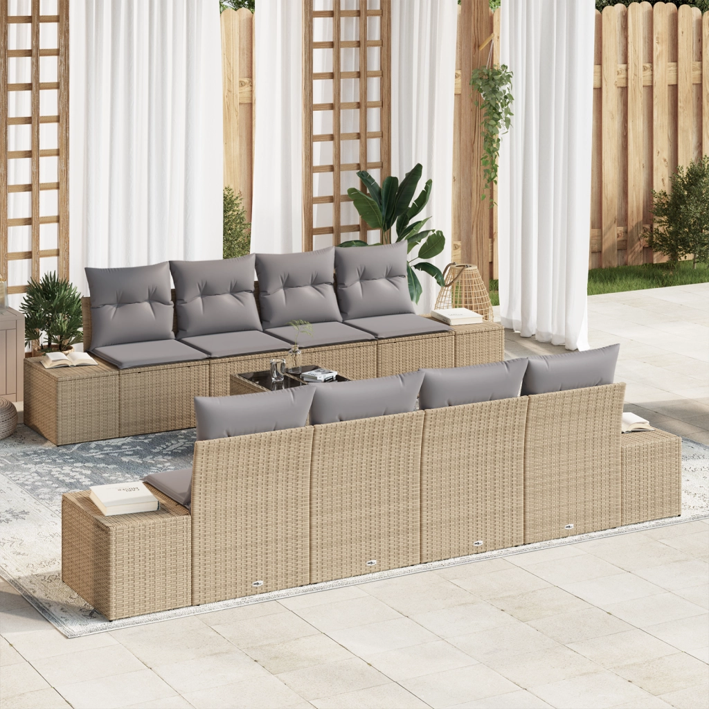 Set Divano da Giardino 9 Pezzi con Cuscini Beige Polyrattan