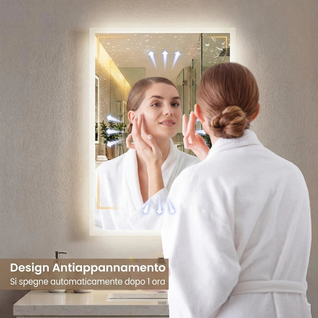 Specchio da Bagno LED 70 x 50 cm, Specchio da Parete Rettangolare con Anti-appannamento, Memoria, 3 Colori di Luce, Dimmerazione Continua e Vetro Temperato Infrangibile (70 x 50 x 3 cm)
