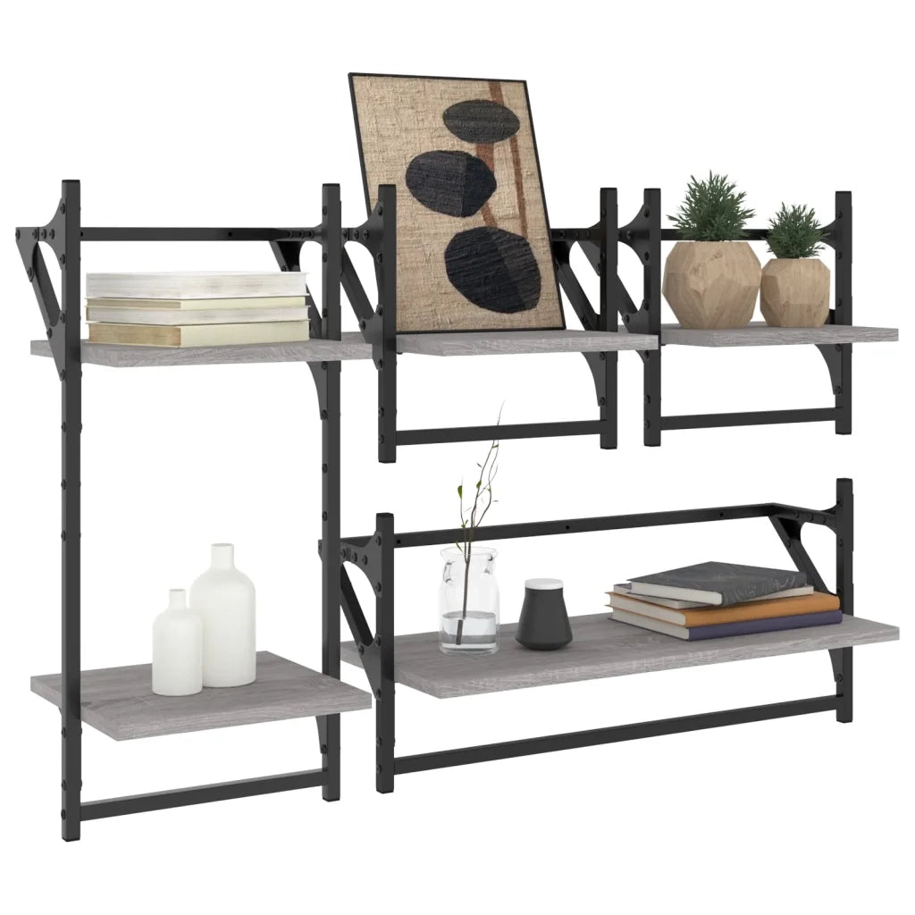4 pz Set Mensole Parete | Mensola sospesa con Aste Grigio Sonoma Legno Multistrato