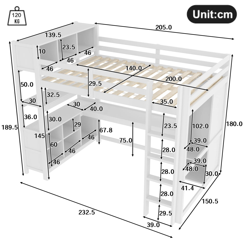 OKWISH Letto a soppalco 140×200 cm, Letto Matrimoniale con Scrivania, Armadio e Scaffali Contenitore, senza Materasso, in Pino, Bianco