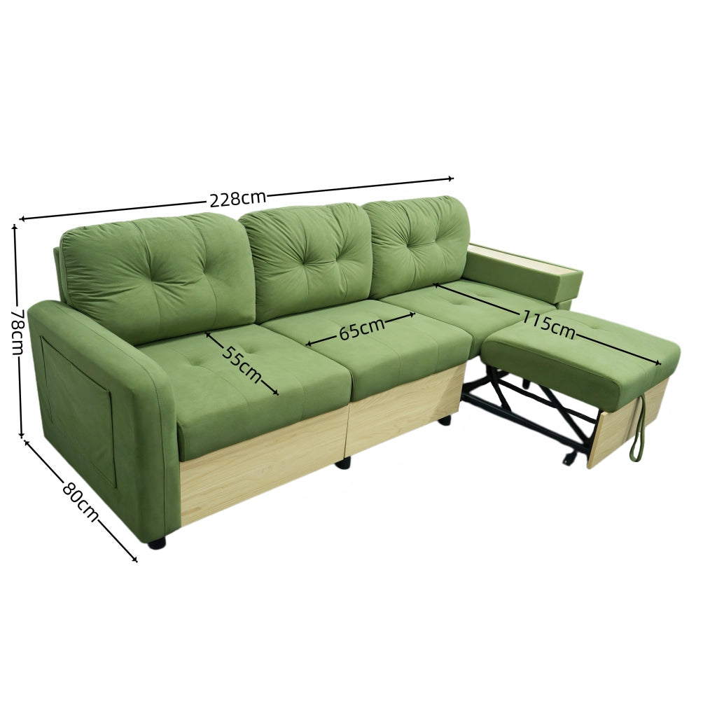 Divano angolare modulare a L con chaise longue estraibile, spazio contenitore e porte USB, in velluto verde per soggiorno
