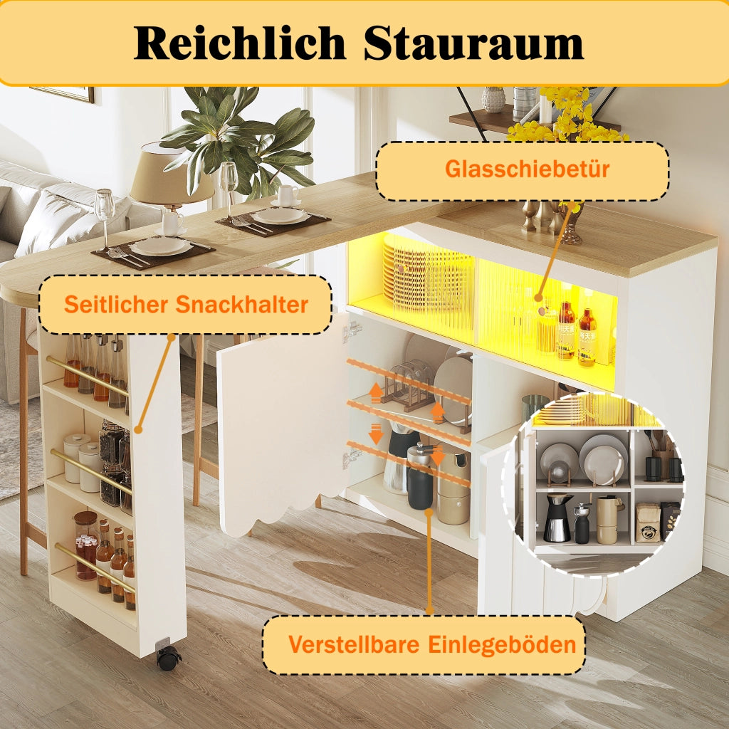 TAVOLO BAR MOBILE 135-205x39x100 cm BIANCO MDF e VETRO LED