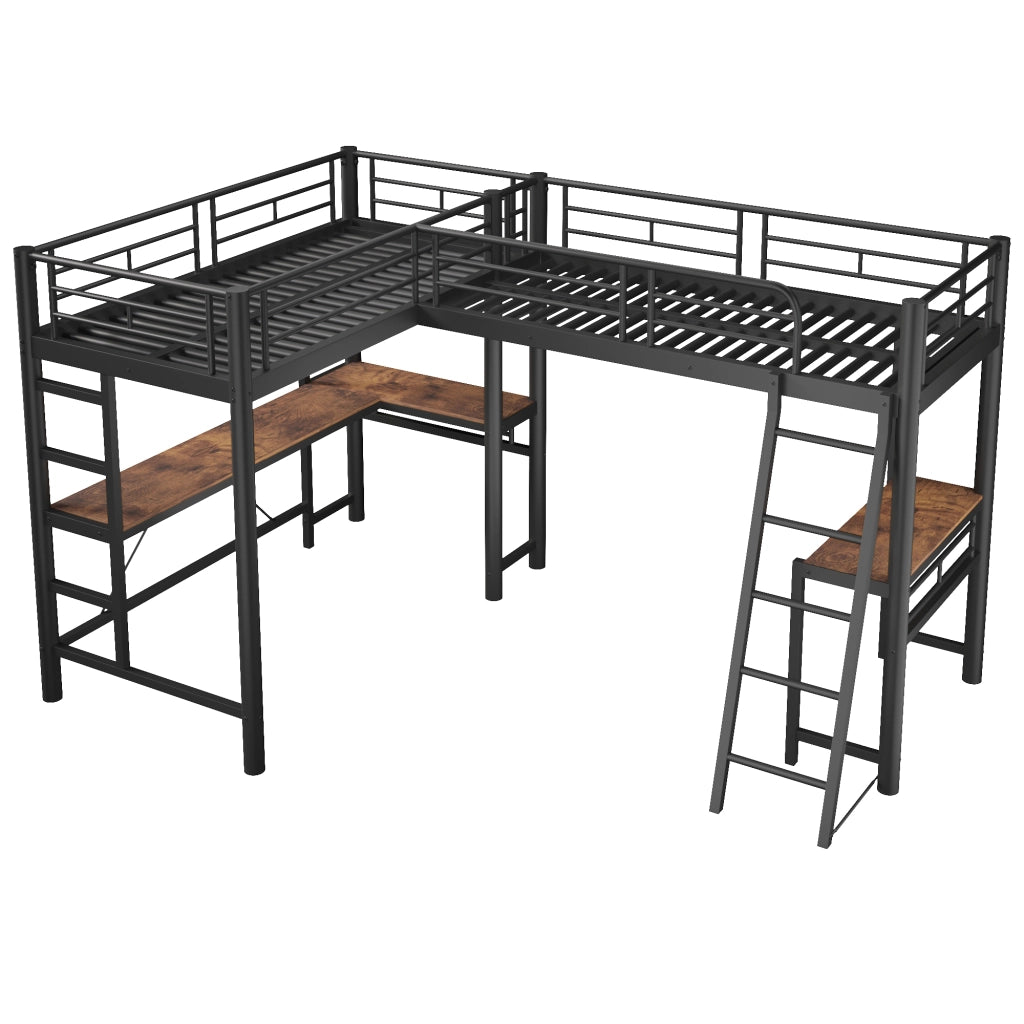 Letto a soppalco 90 × 200 cm con scrivania integrata scala doppia barriera alta metallo e MDF nero